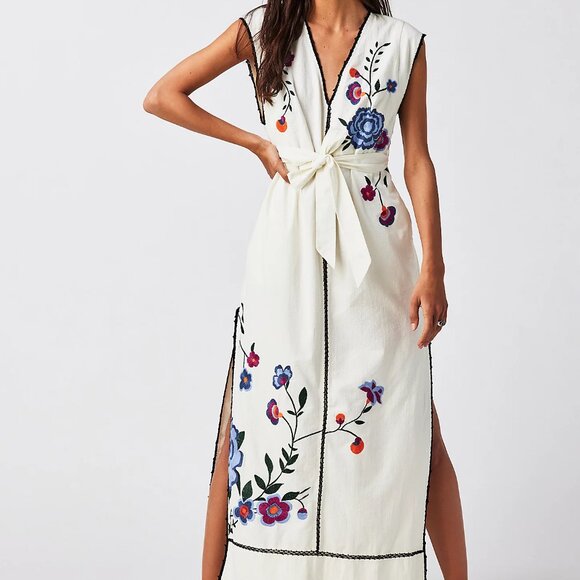 Free People Floral Embroidered Tie Waist Bo Dress - Picture 4 of 12